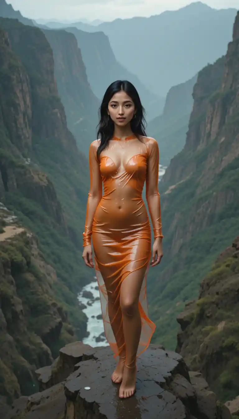 Woman in sheer orange dress standing on cliff edge