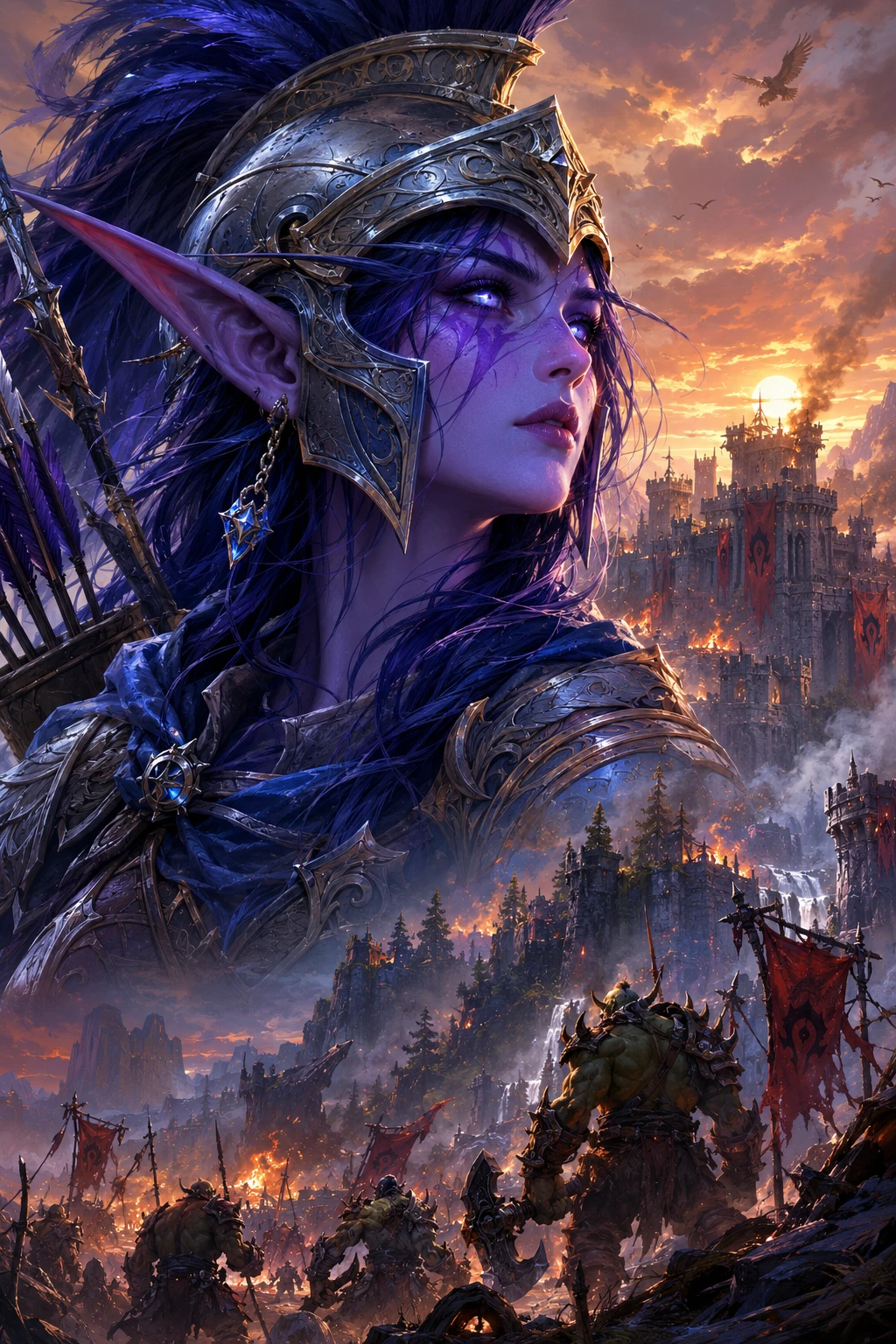 Serene Elf Warrior Portrait In A Mythic Forest Battlefield