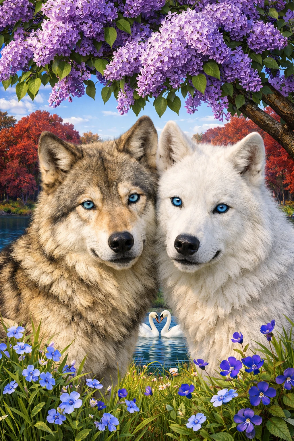 Two wolves cheek to cheek under a blooming lilac tree
