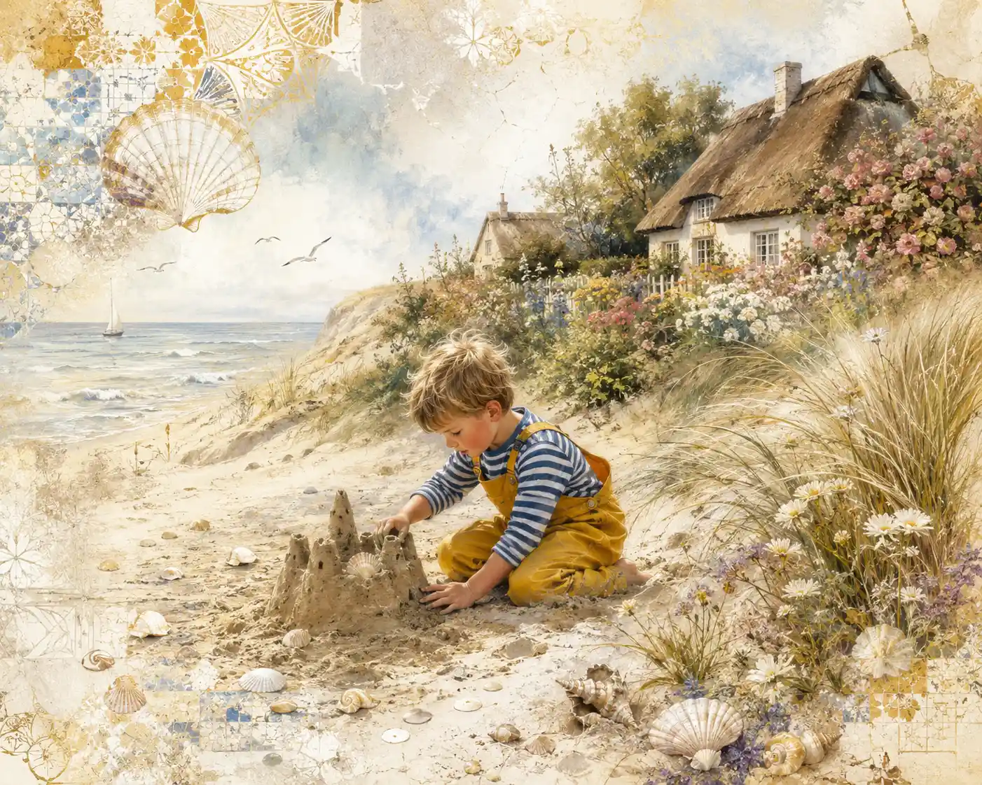 Junger Junge baut eine Sandburg an einem ruhigen Strand am Meer