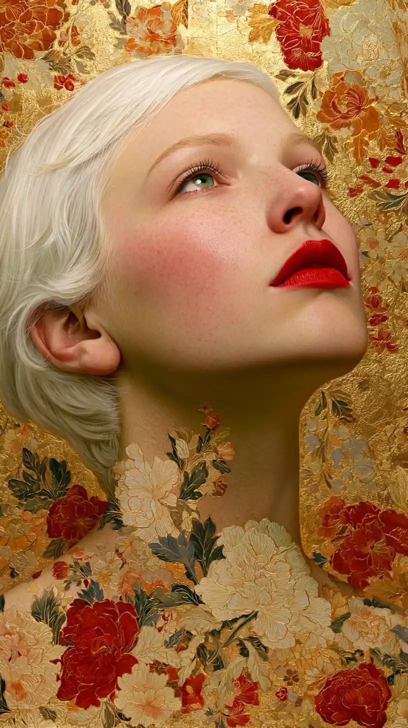 Woman with white hair gazing upward against gold floral background