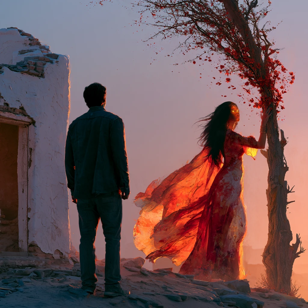 Man Facing Ethereal Woman In Glowing Desert Ruins
