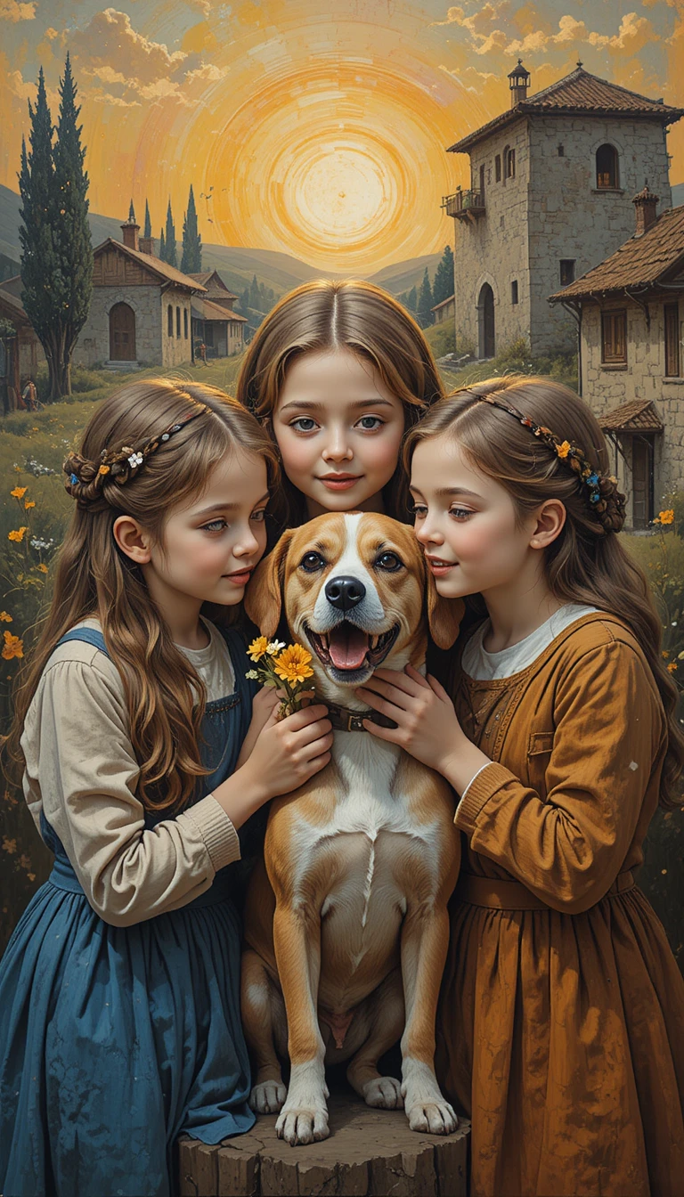 Joyful children with a dog in expressive abstract painting