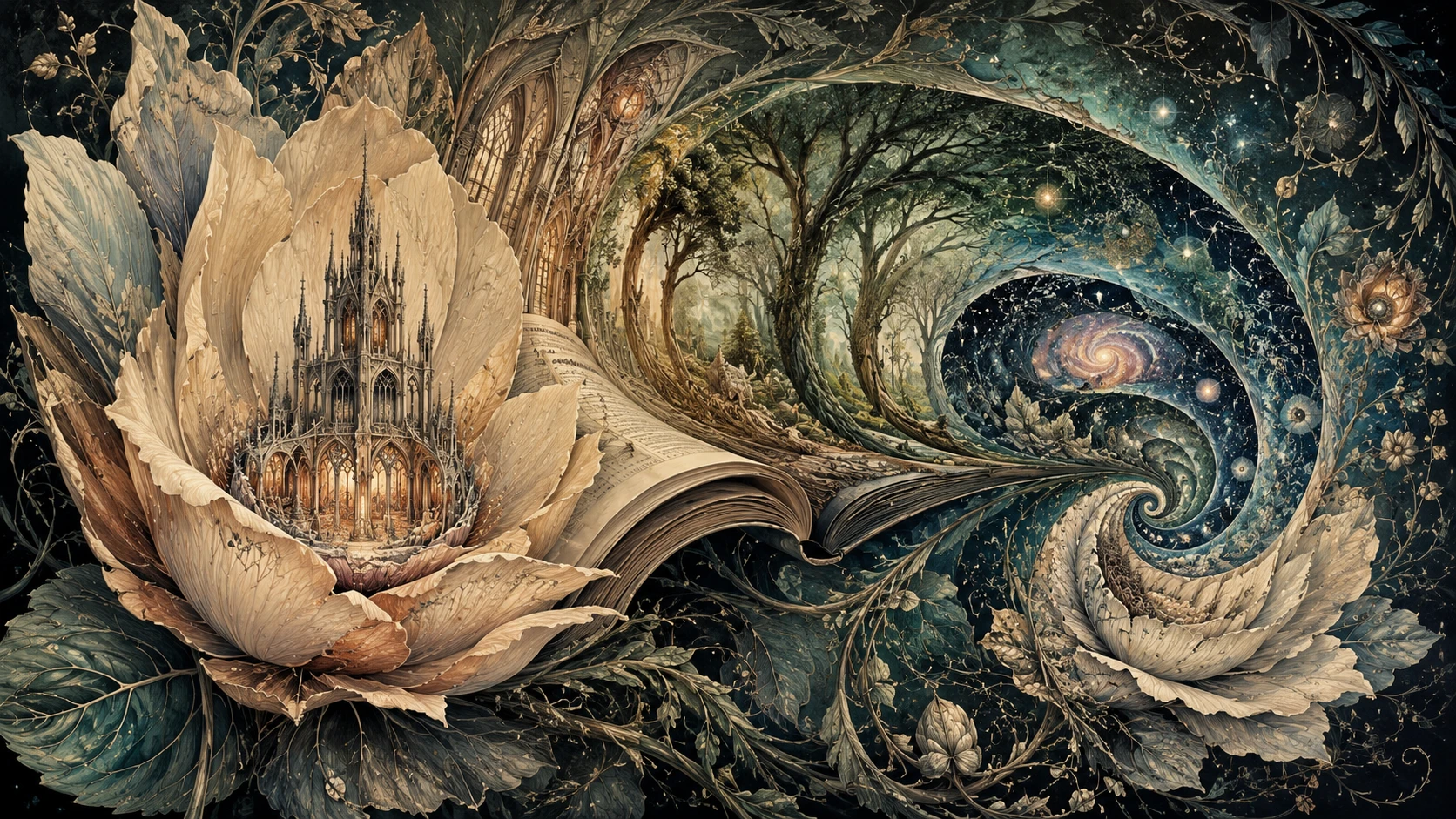Enormous surreal flower unfolding into infinite transforming worlds