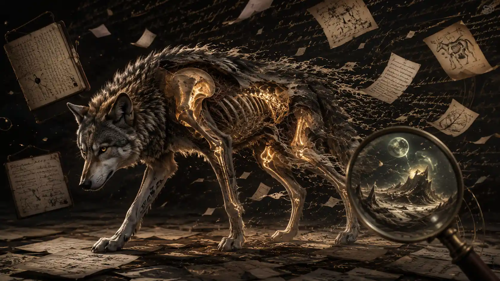 Lone wolf walking through a surreal manuscript woven world
