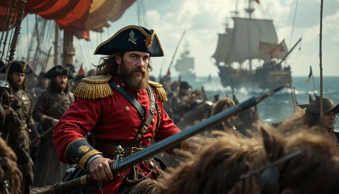 Royal army captain stands fearlessly on the open sea