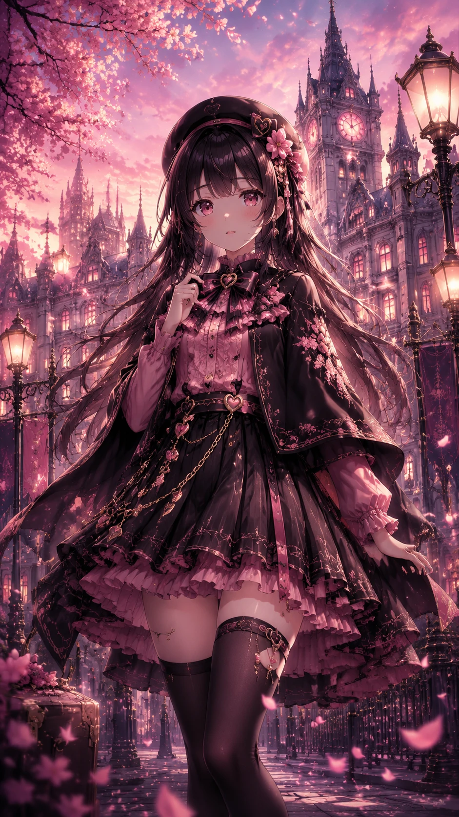 Anime girl in gothic lolita outfit on dreamy street