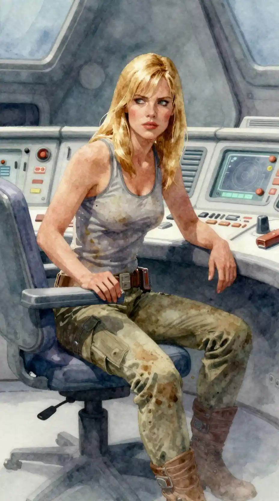 Zähe blonde Frau in einem hellen futuristischen Kontrollraum