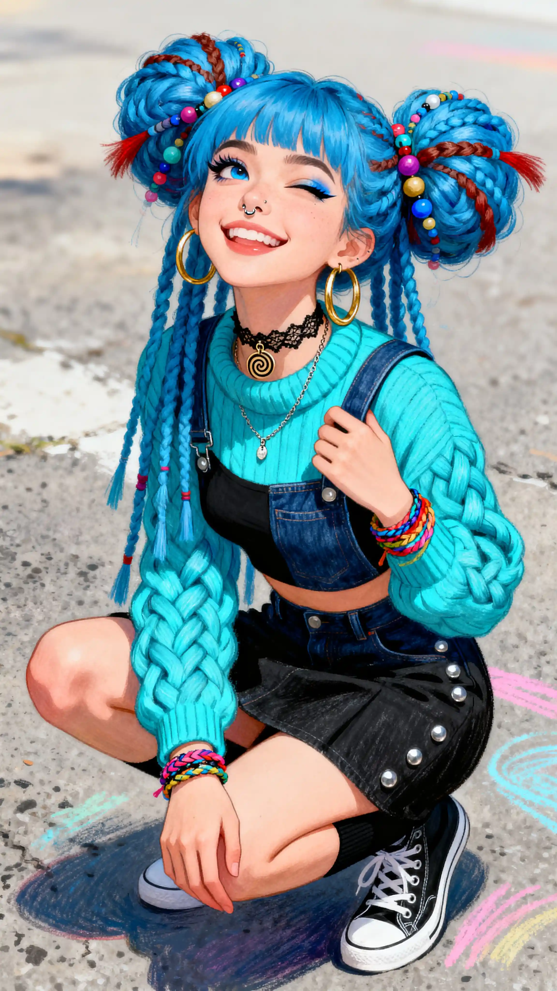 Alternative girl with blue dreadlocks crouching and winking
