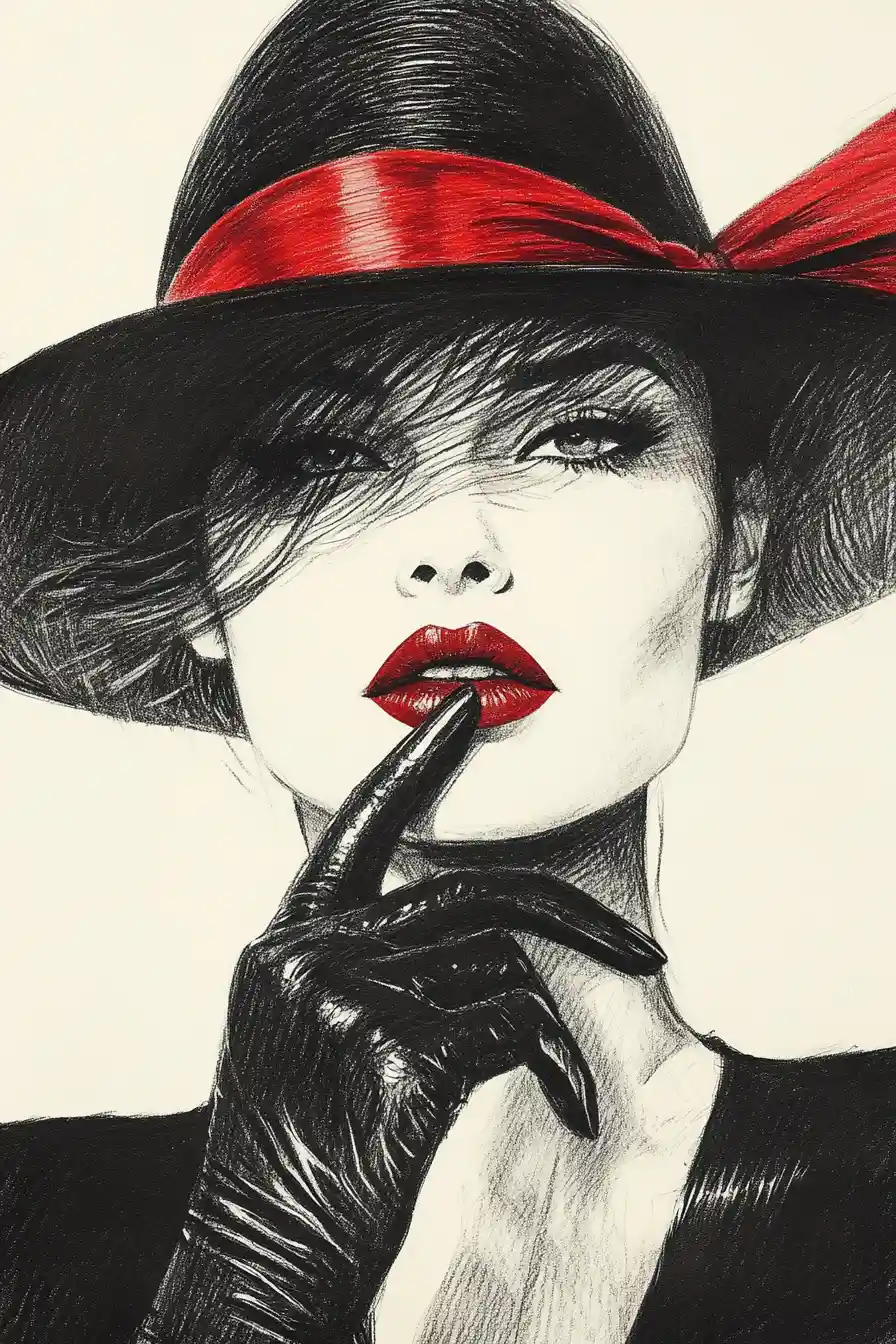 Woman in bowler hat with red glove covering one eye