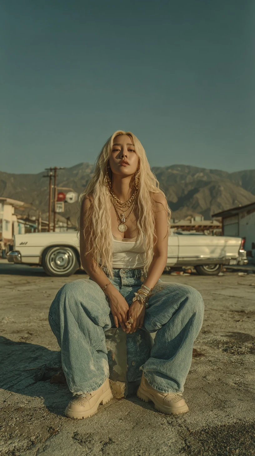 Korean idol by vintage car on a bright desert roadside