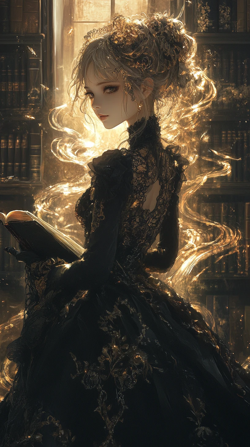 Surreal girl in dark finery amid glowing ink filled library
