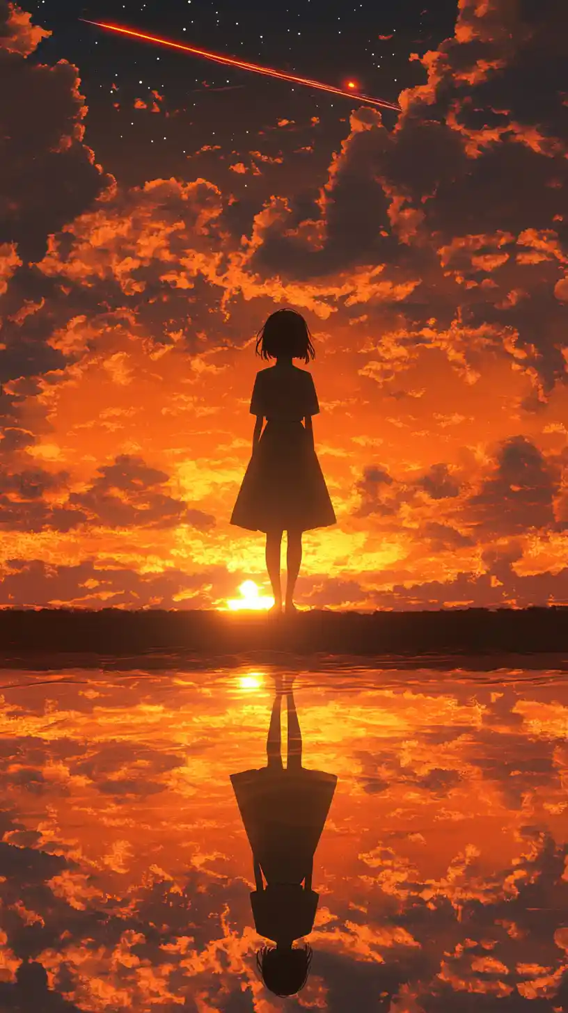 Anime girl at seaside during glowing orange sunset