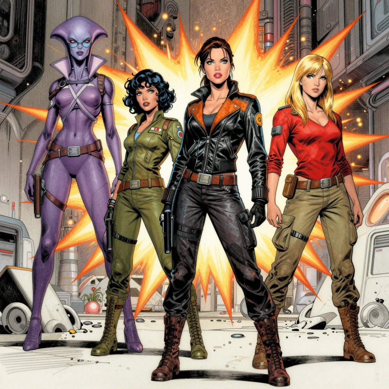 Four futuristic heroines charging through a space opera battle