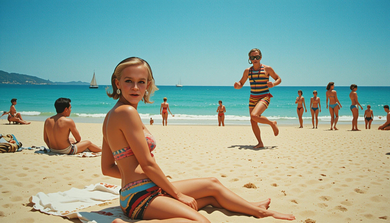 Smiling topless woman relaxing on a sunny beach