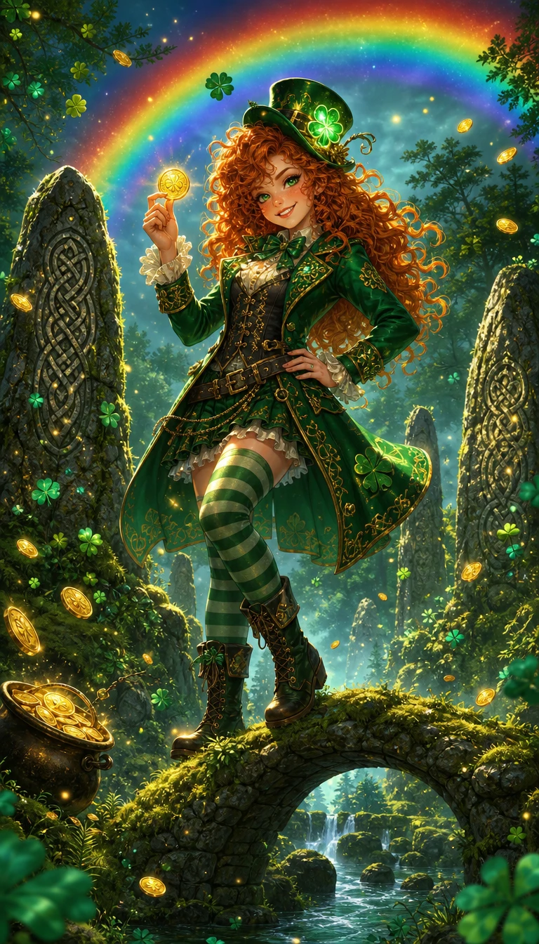Chica duende estilo anime sobre arco de piedra musgosa en el bosque