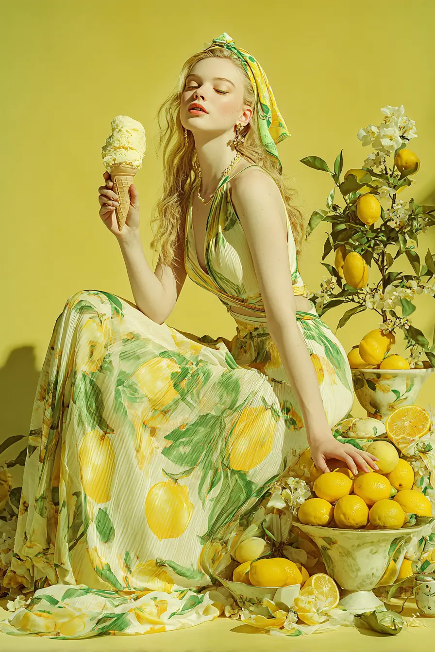 Girl in lemon dress enjoying summer breeze with gelato