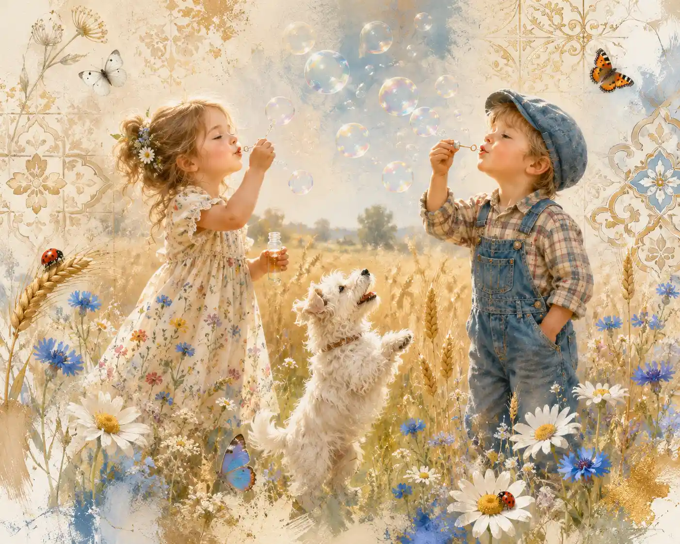 Children blowing soap bubbles in a sunny wheat field
