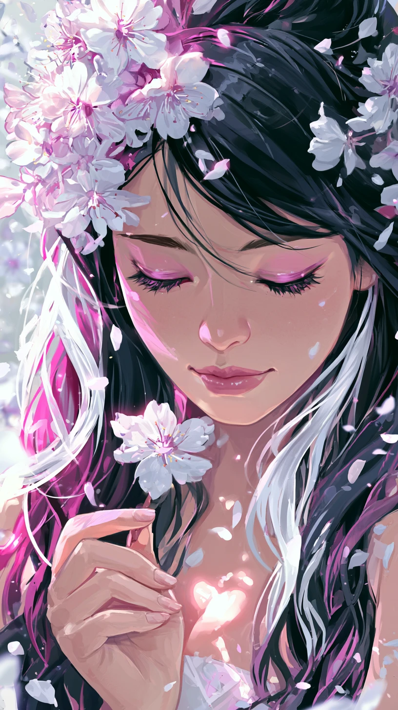 夢のような庭園で桜に包まれたアニメ女性