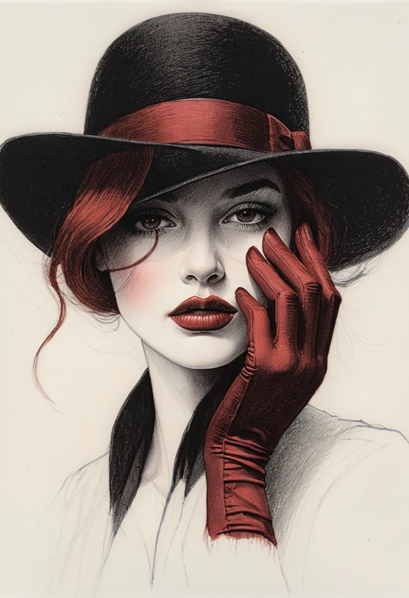 Woman in bowler hat with red glove pencil portrait