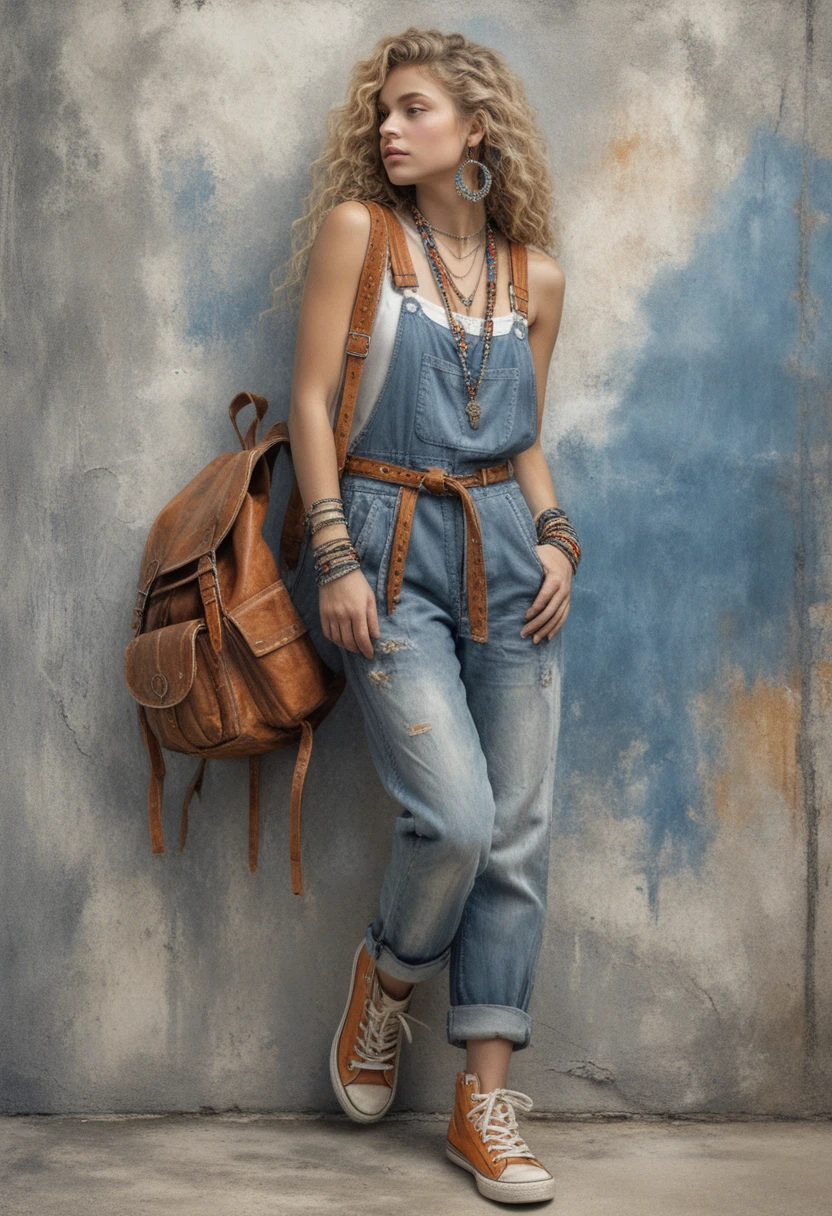 Donna bohemien in salopette di jeans contro un muro di cemento testurizzato