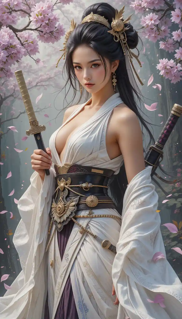 Elegant warrior princess in kimono with dual katanas