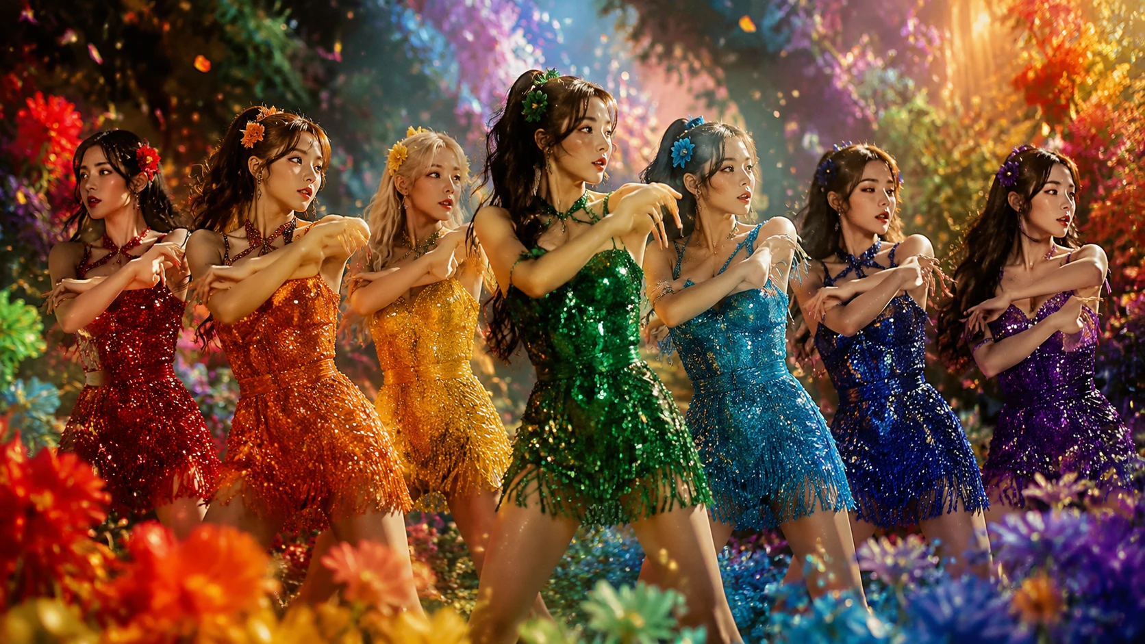 Seven girls dancing in rainbow dresses among blooming flowers
