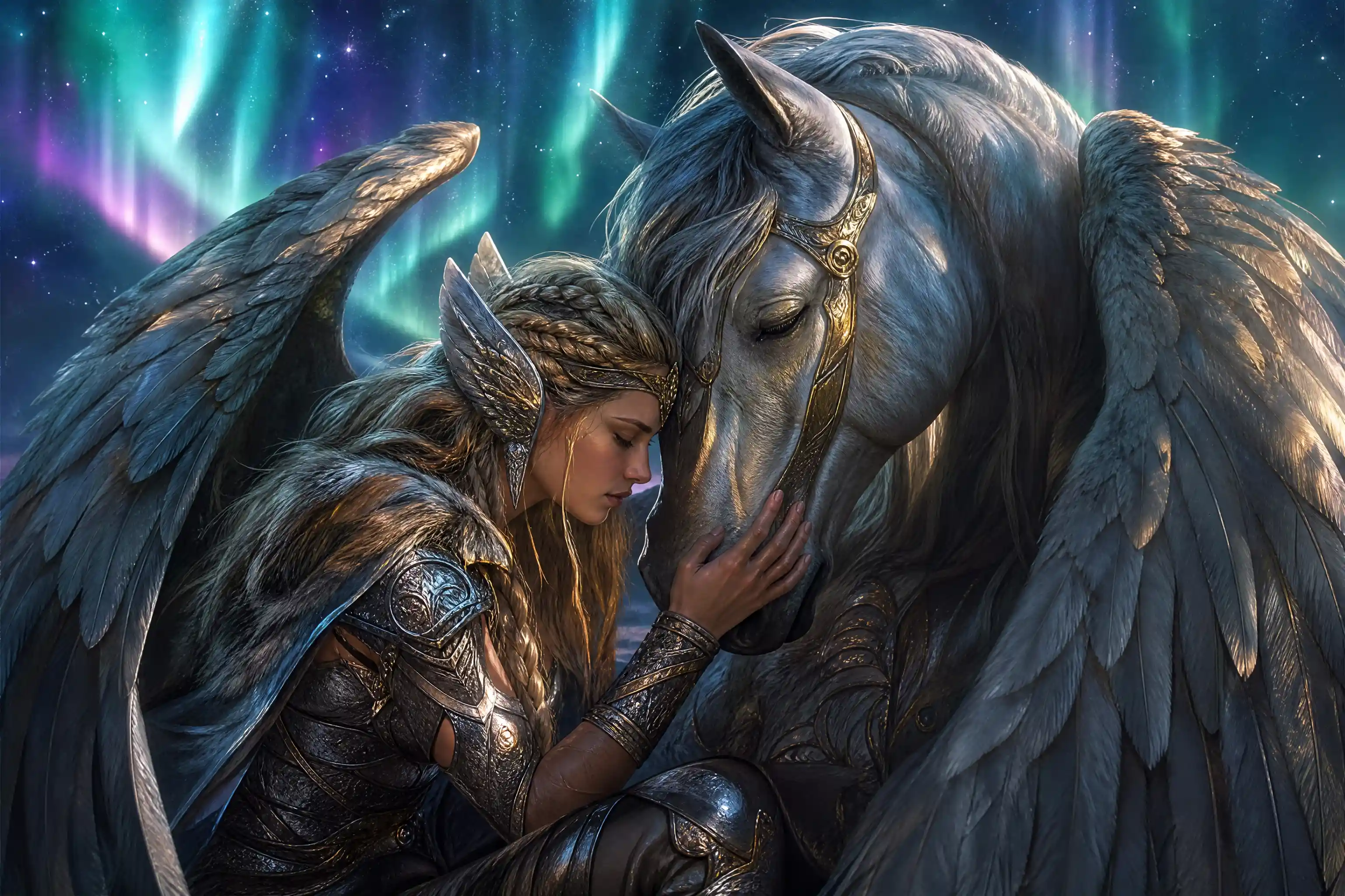 Valkyrie resting against her winged steed under aurora sky