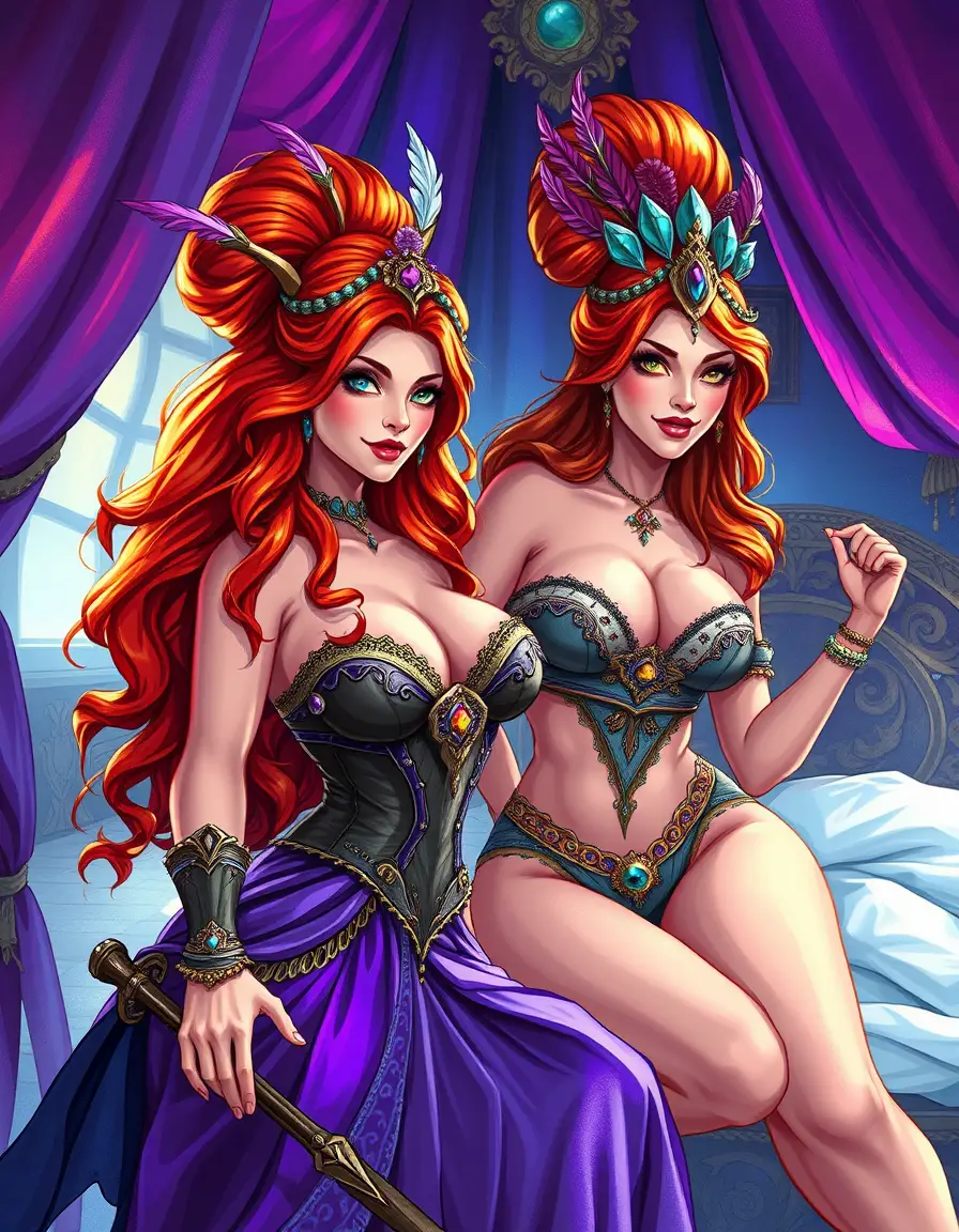 Playful redheaded warrior goddess in a viking longhouse