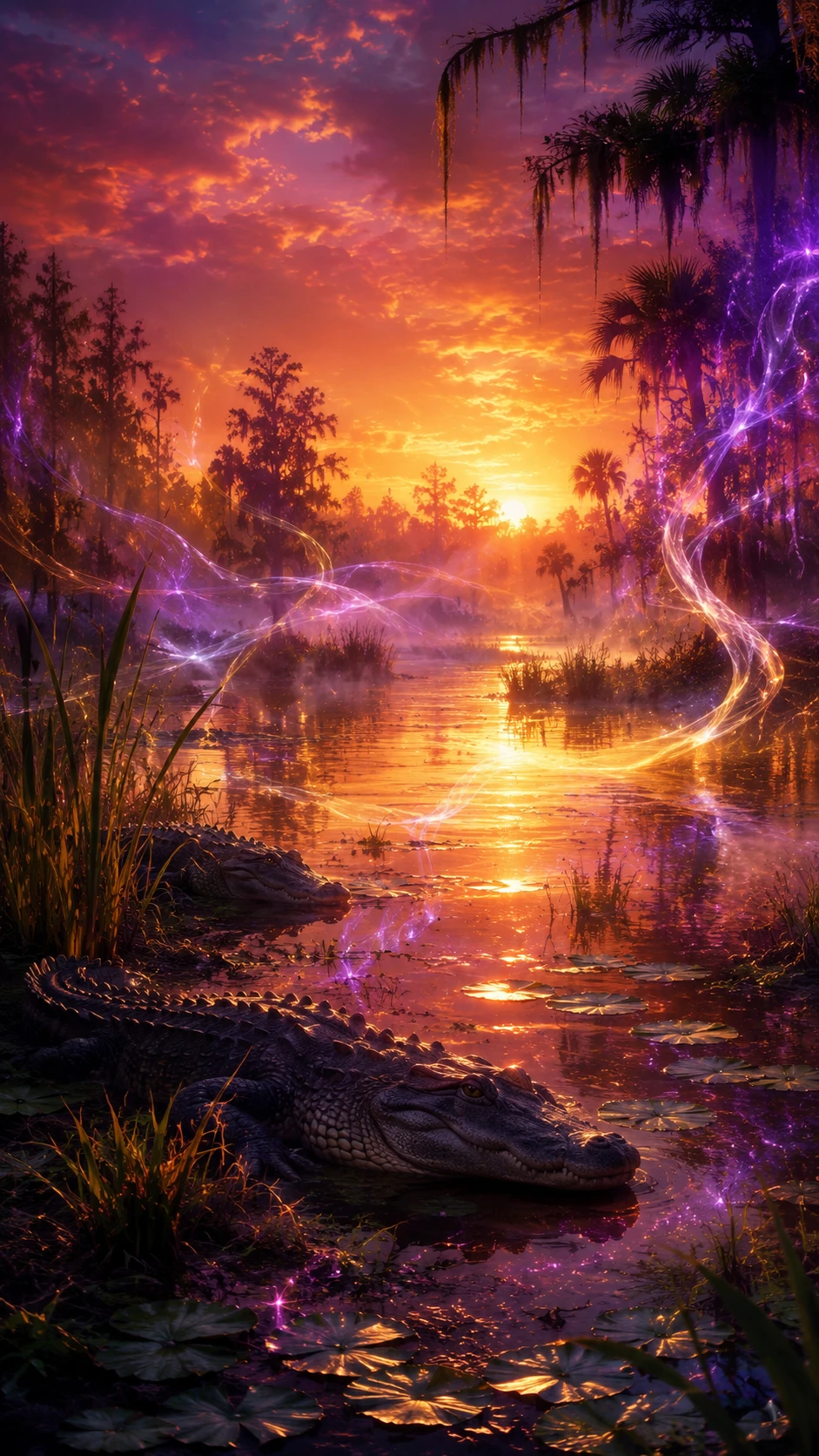 Mystical swamp sunset with resting alligators and glowing light