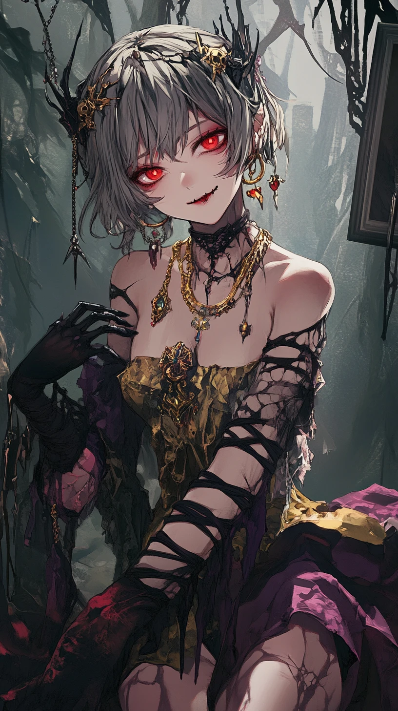 Anime girl with two toned hair and elaborate fantasy outfit