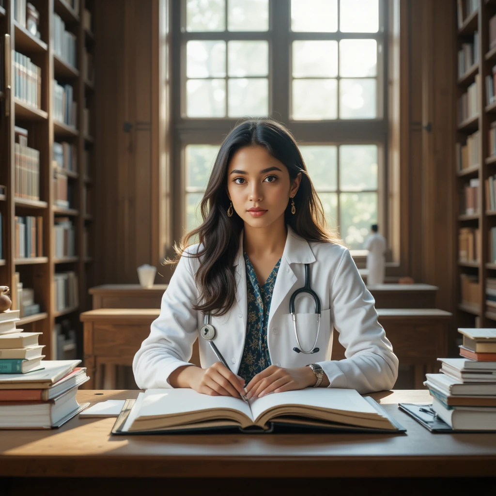 Female medical student studying in sunlit university library