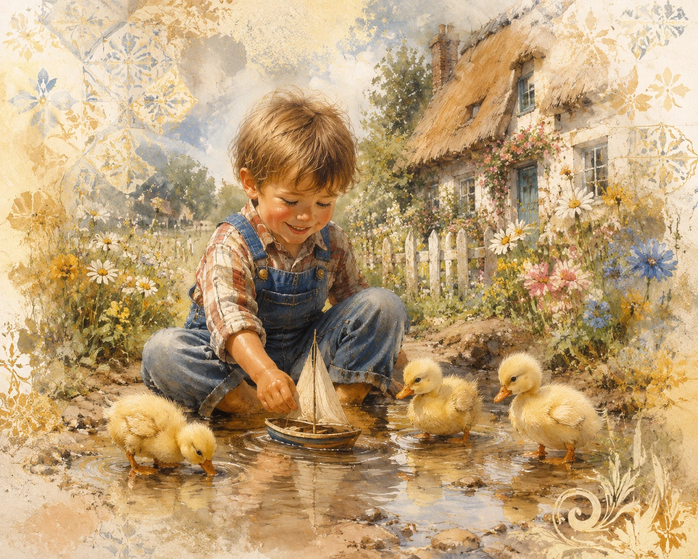 Young boy playing with toy boat in a puddle