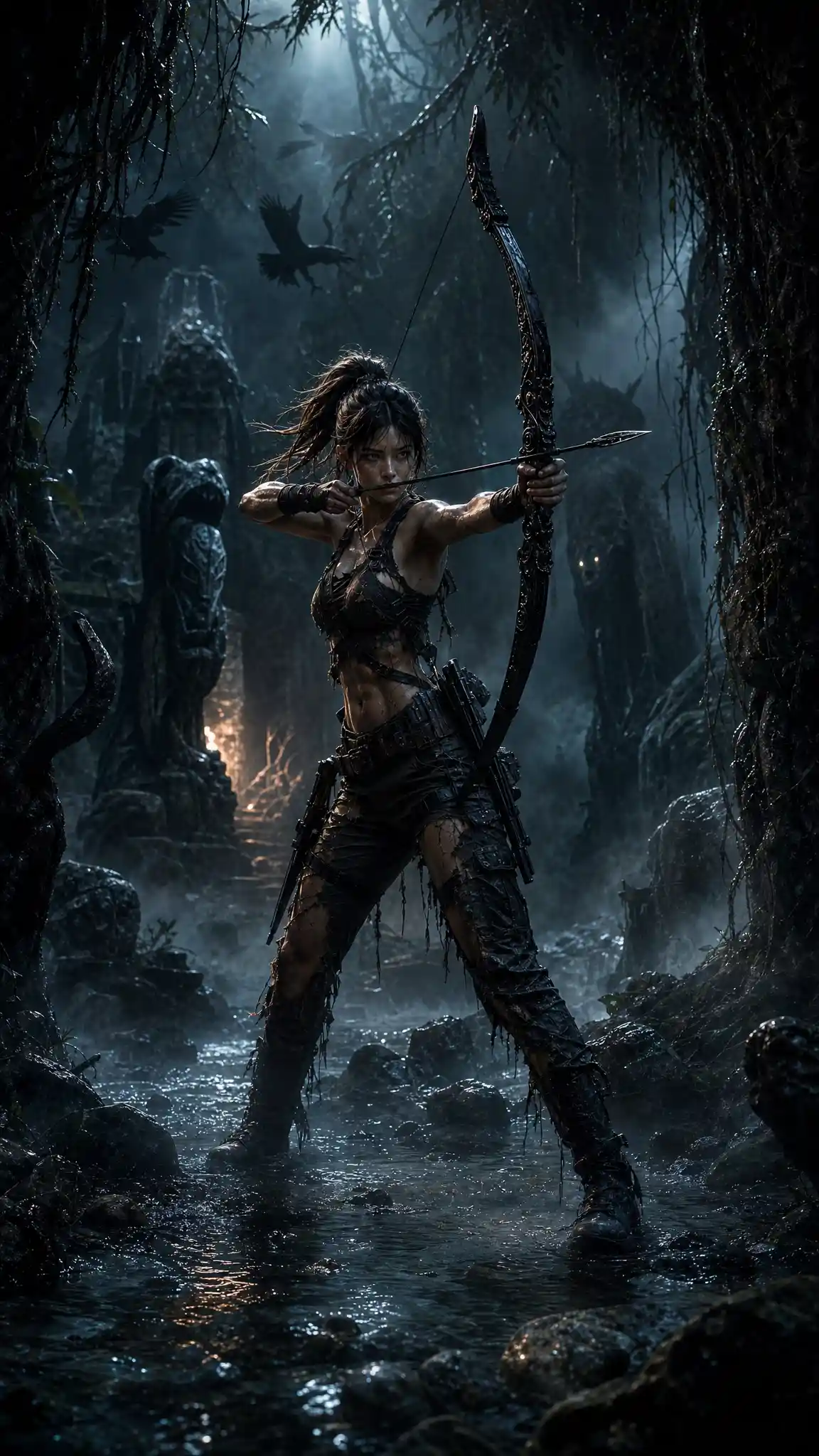 Female archer aiming her bow in a dark jungle ravine
