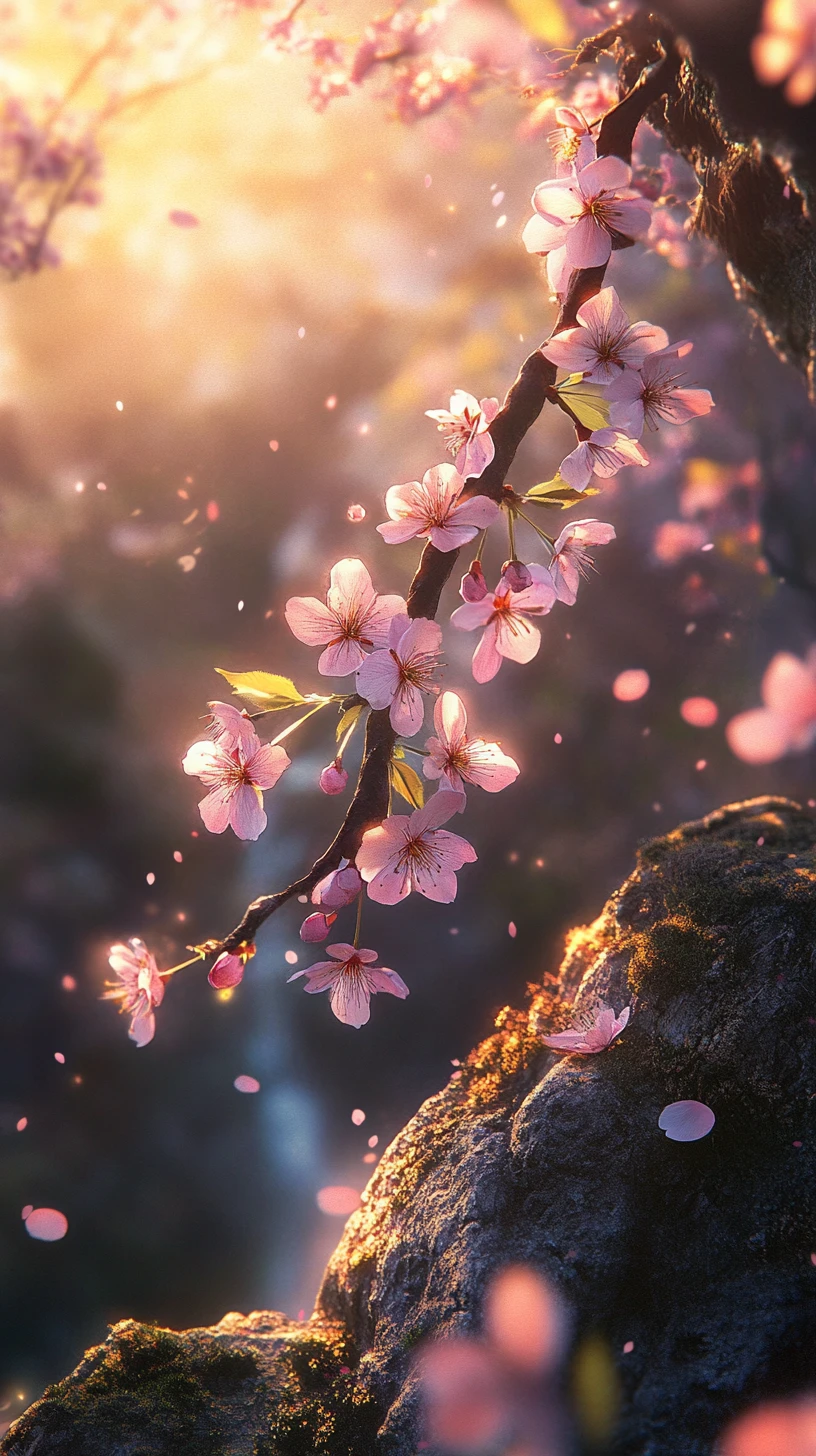 Cherry blossom branch glowing against dark mossy rock