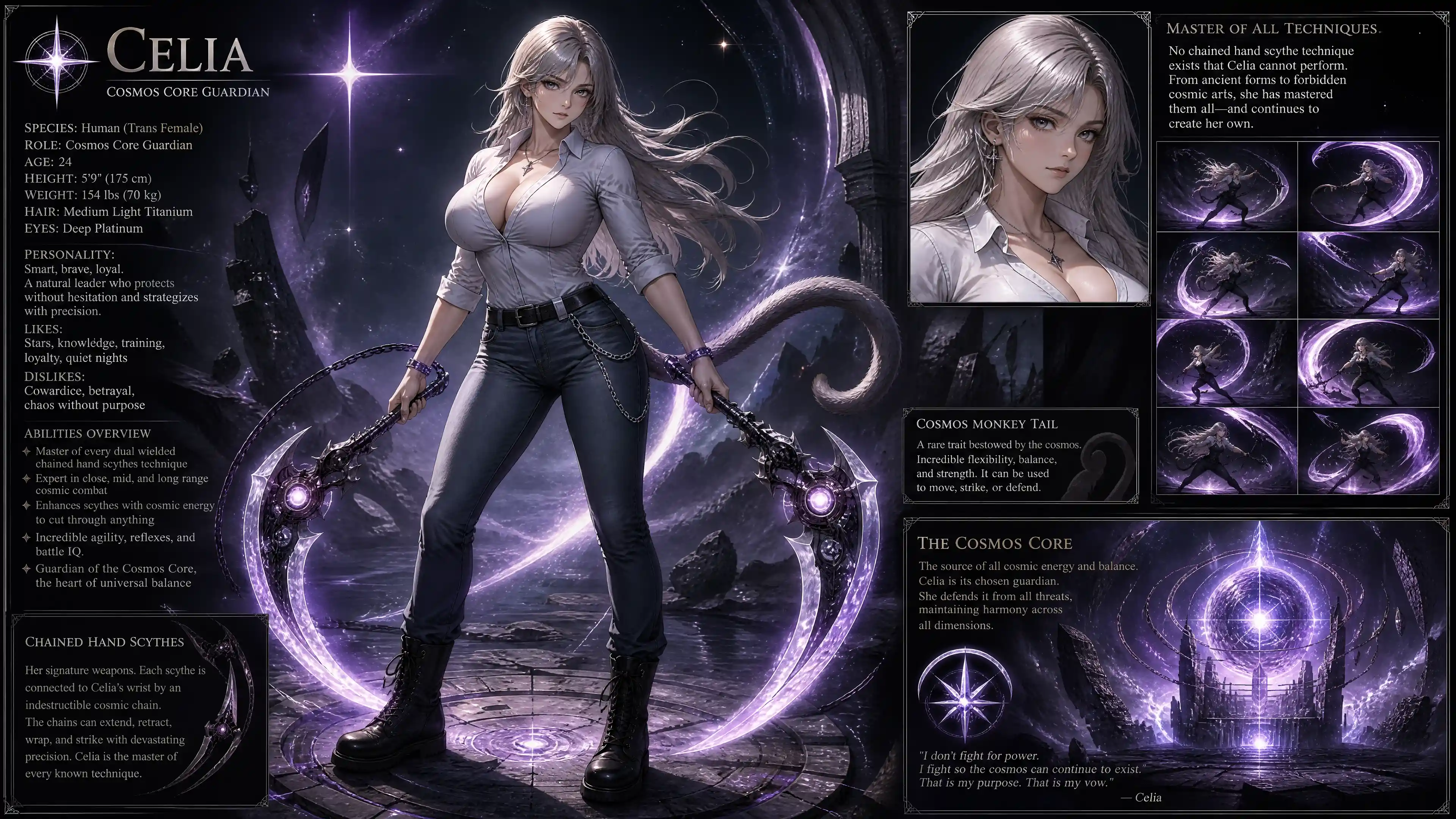 Cosmic guardian woman with chained scythes and monkey tail