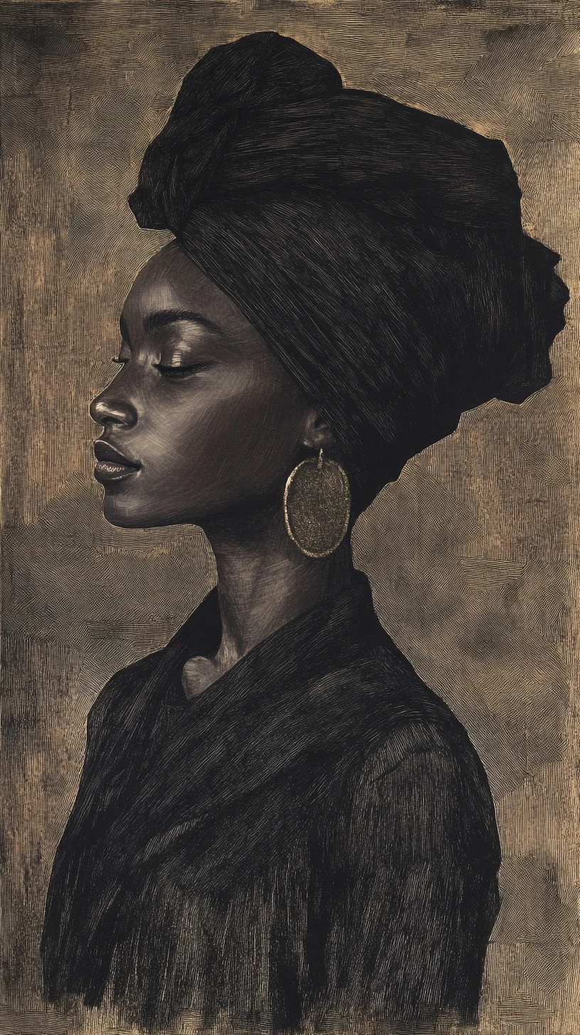 Charcoal portrait of a young woman in profile with headscarf