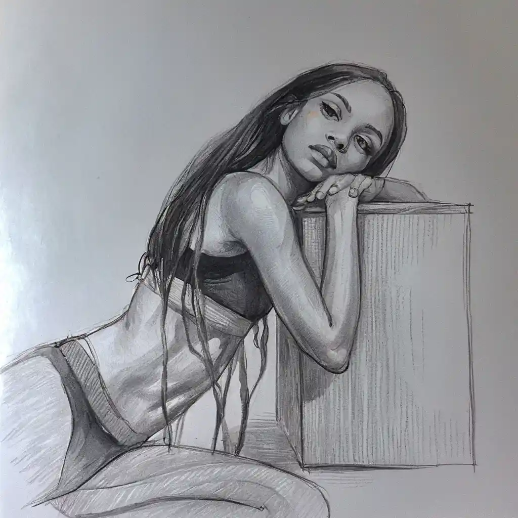 Graphite drawing of a woman leaning in three quarter pose