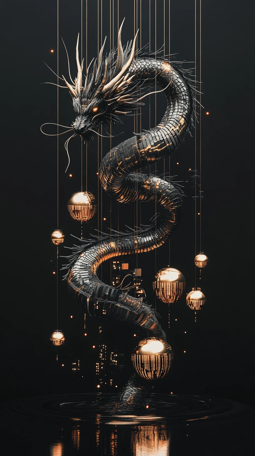 Architectural dragon coiled among glowing golden data spheres