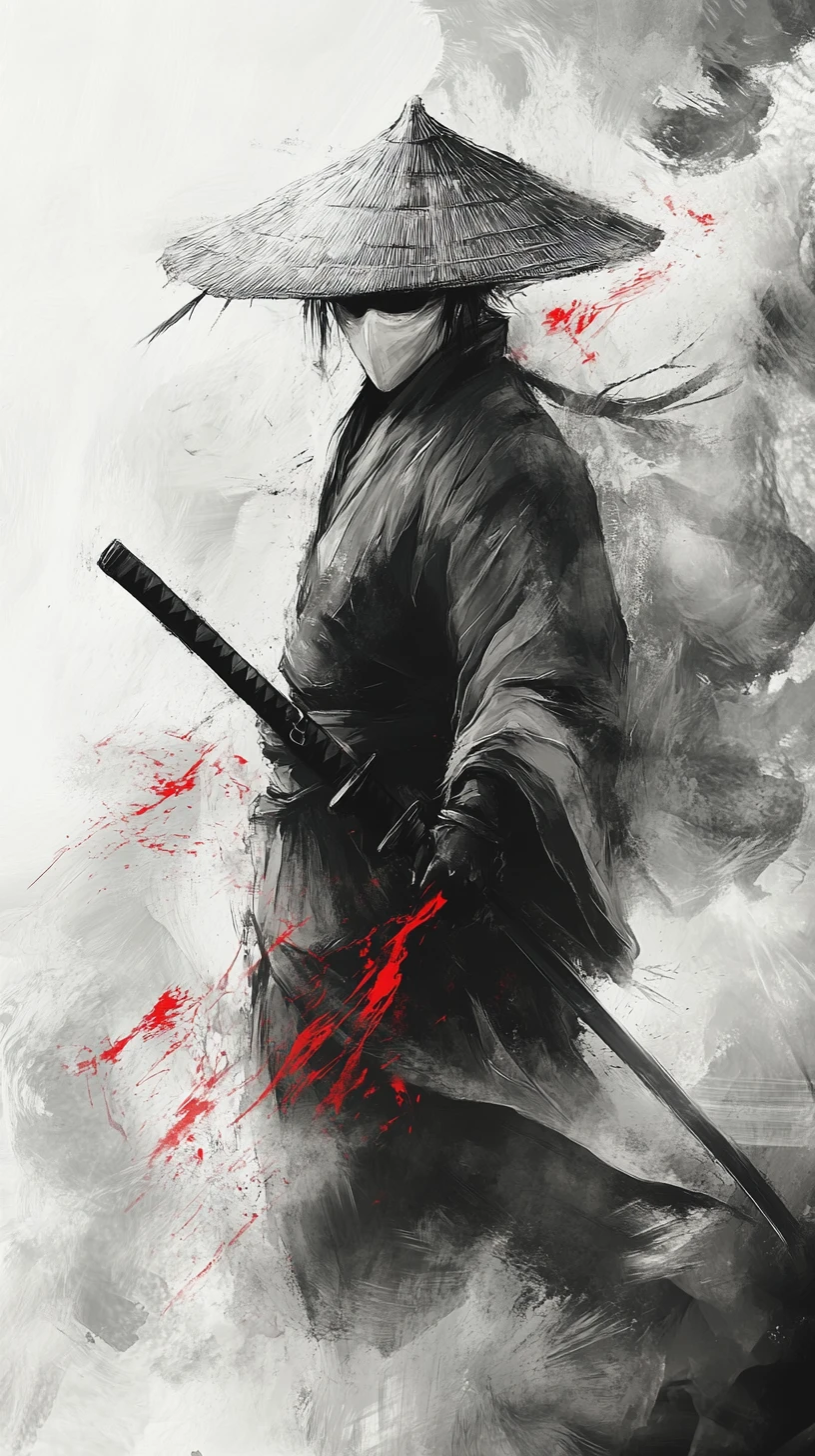 Masked samurai warrior in misty abstract battlefield scene