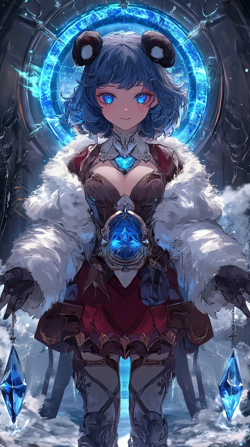 Layered stone circle world with central blue crystal