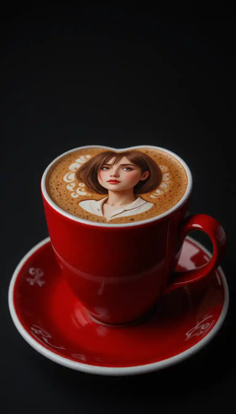 Red heart shaped coffee cup with portrait latte art