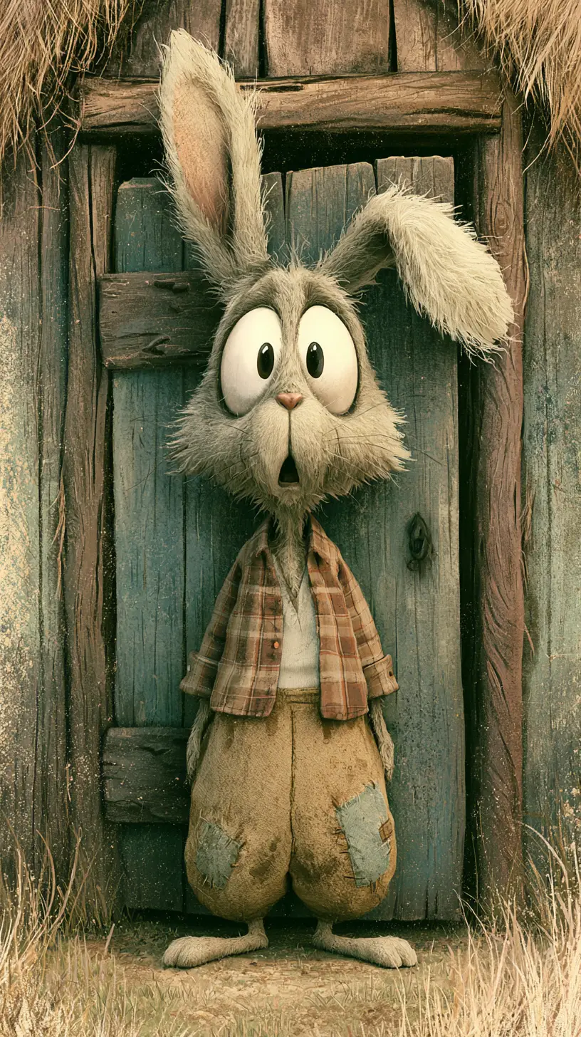Surprised rabbit at the door of a forest hut illustration