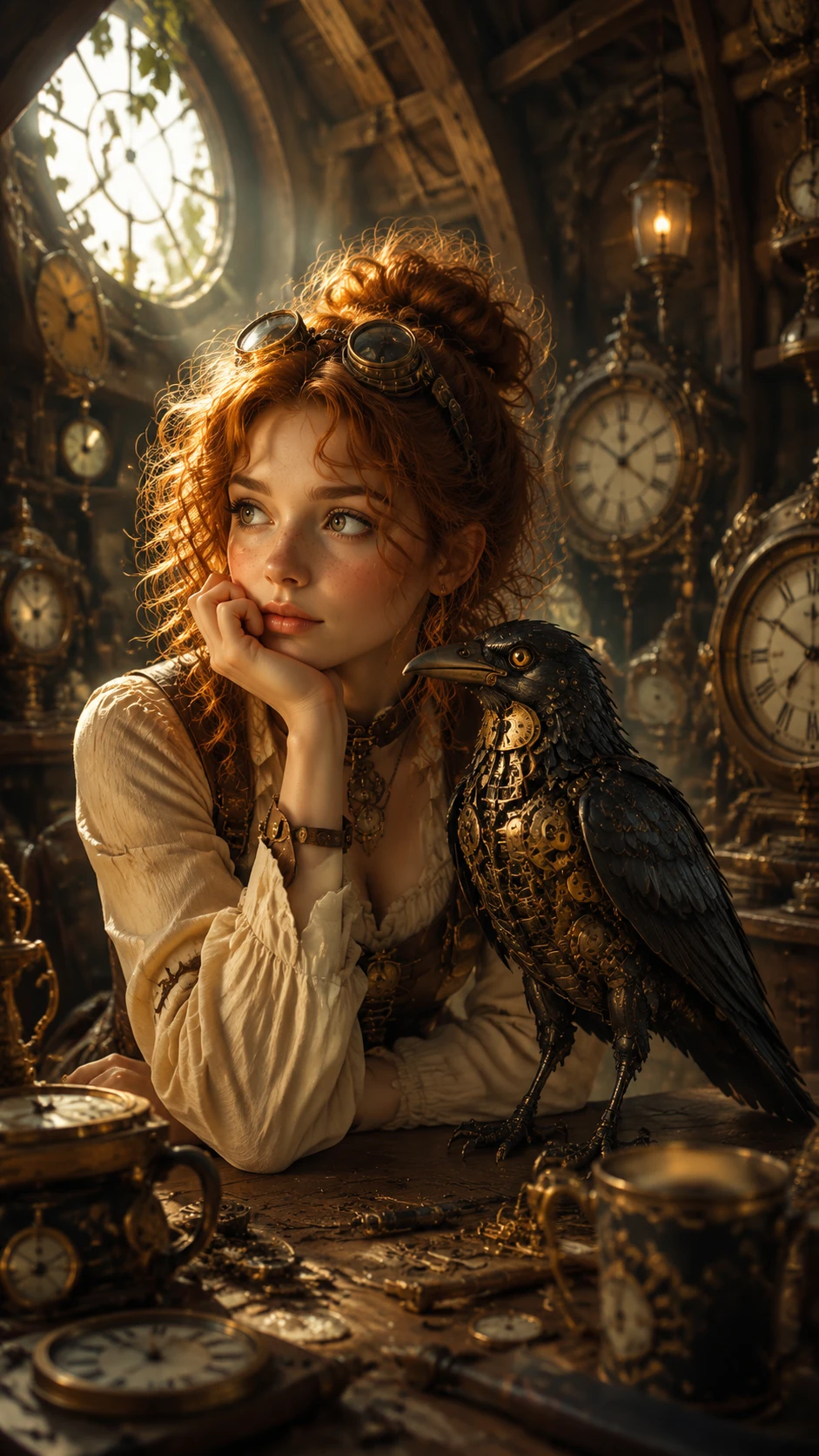 Thoughtful girl in attic workshop with mechanical raven