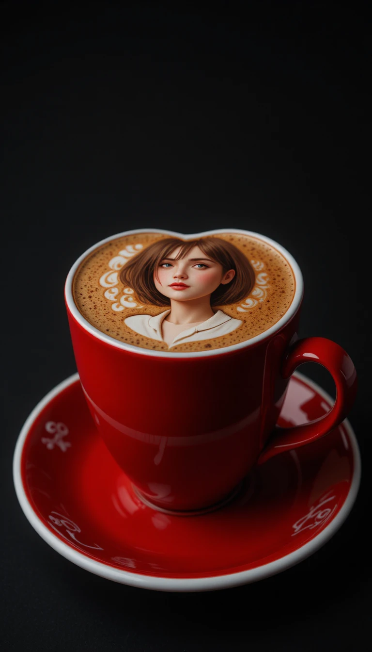 Red heart shaped coffee cup with portrait latte art
