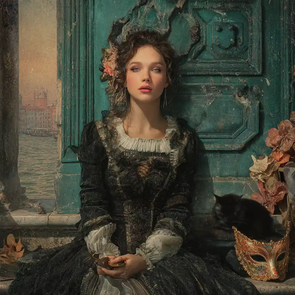 Fantasy woman at turquoise palazzo door with coffee