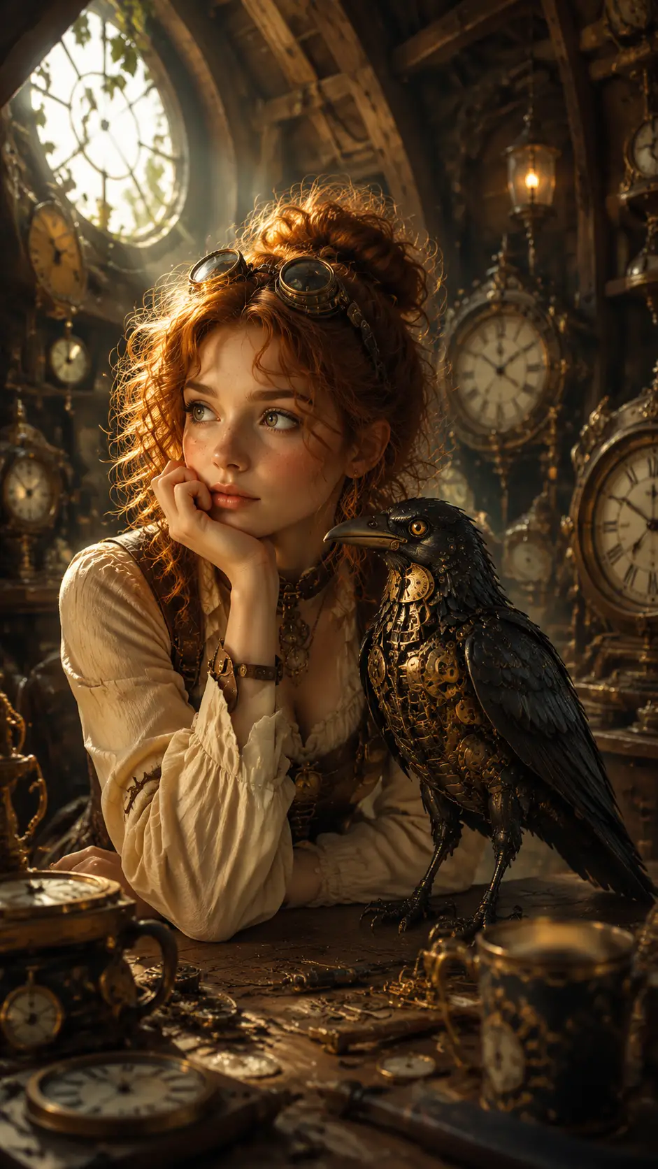 Thoughtful girl in attic workshop with mechanical raven