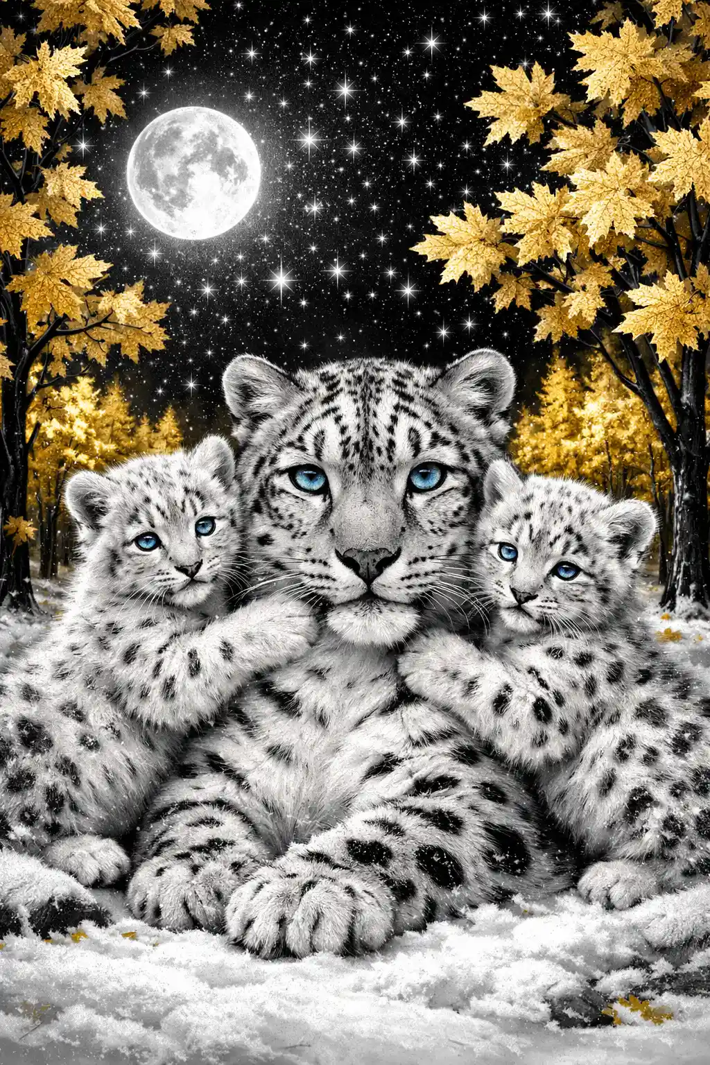 Snow leopard mother and cubs under a moonlit starry sky