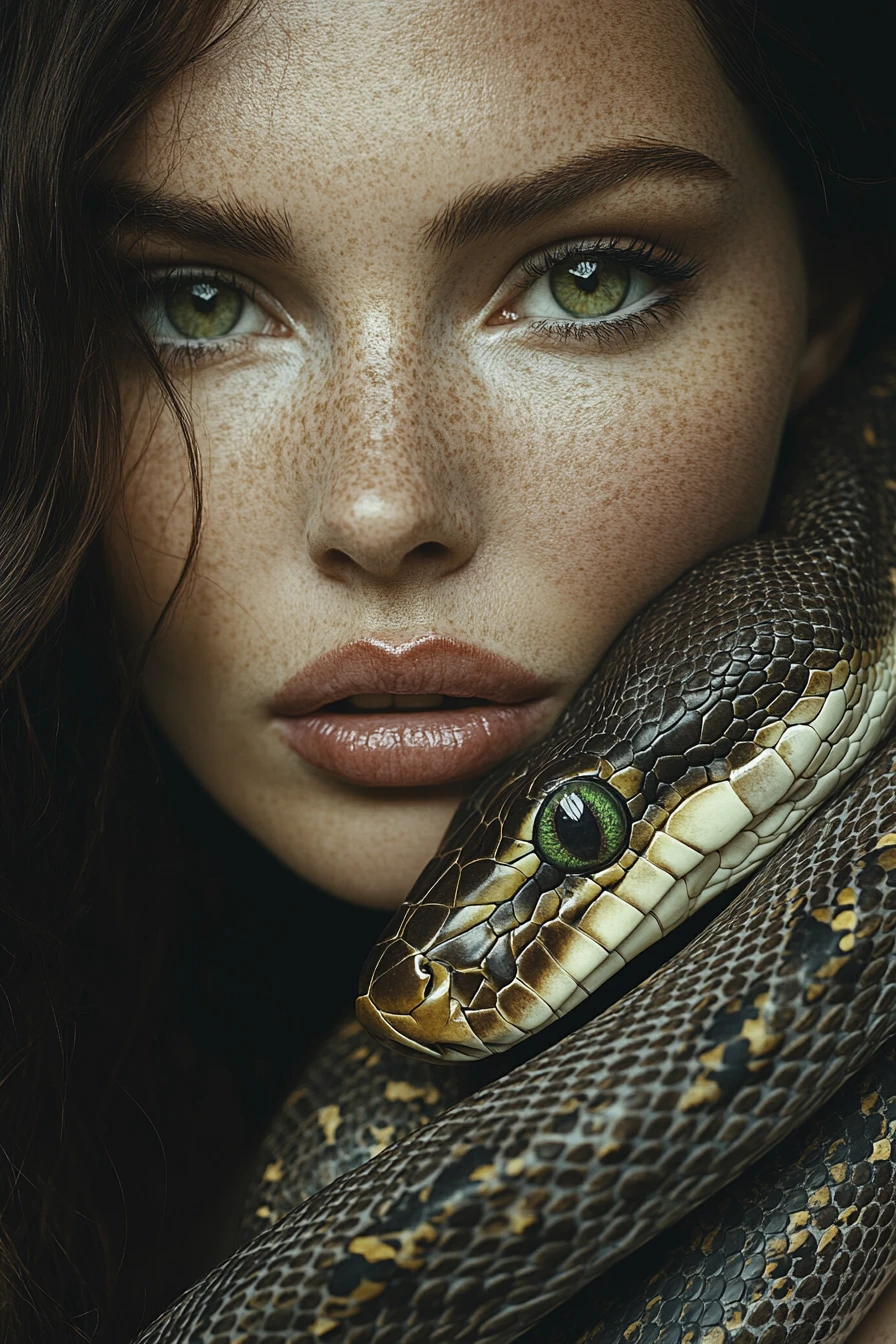 Woman fused with serpent scales and giant python companion