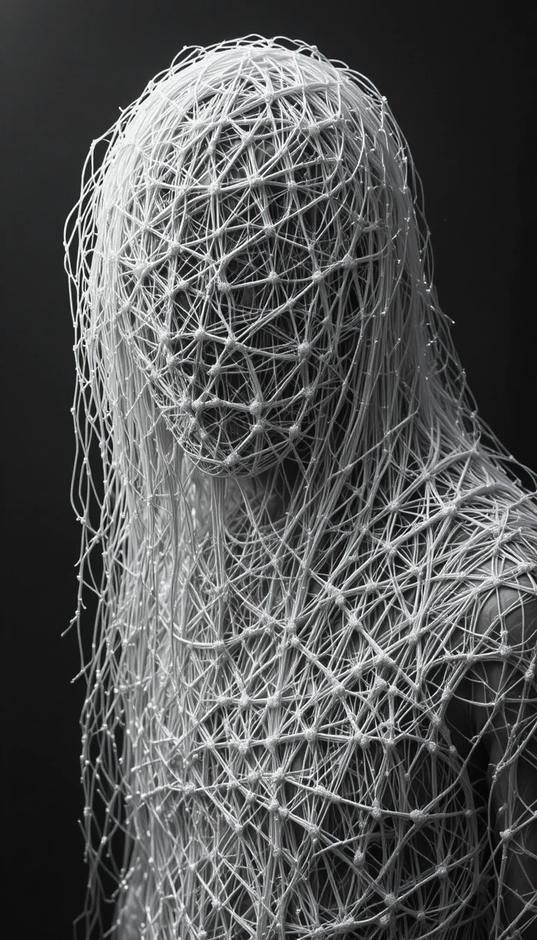 Monochrome figure entangled in dense white threads
